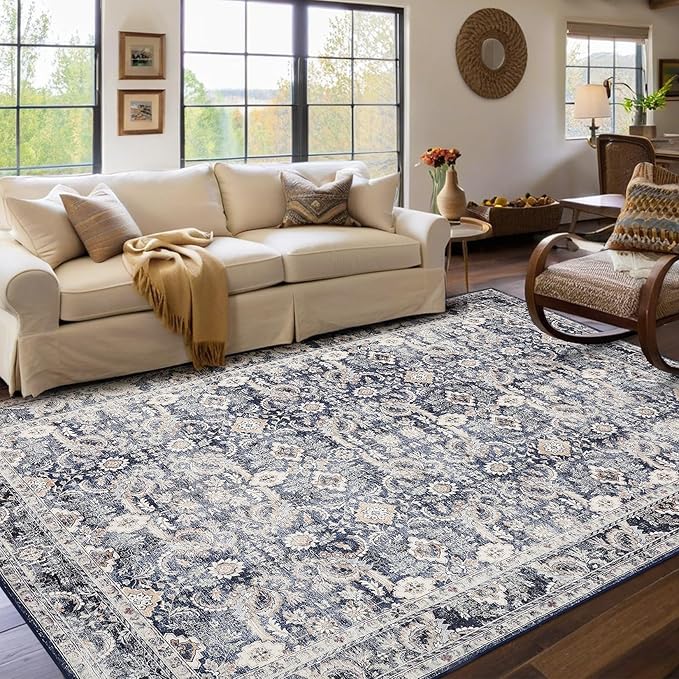 GarveeHome Washable Rugs 5x7 Vintage Floral Area Rugs for Living Room Bedroom, Ultra Soft Retro Accent Carpet, Non Slip Low Pile Floor Mats for Dining Room, Home Office Decor, Blue Grey