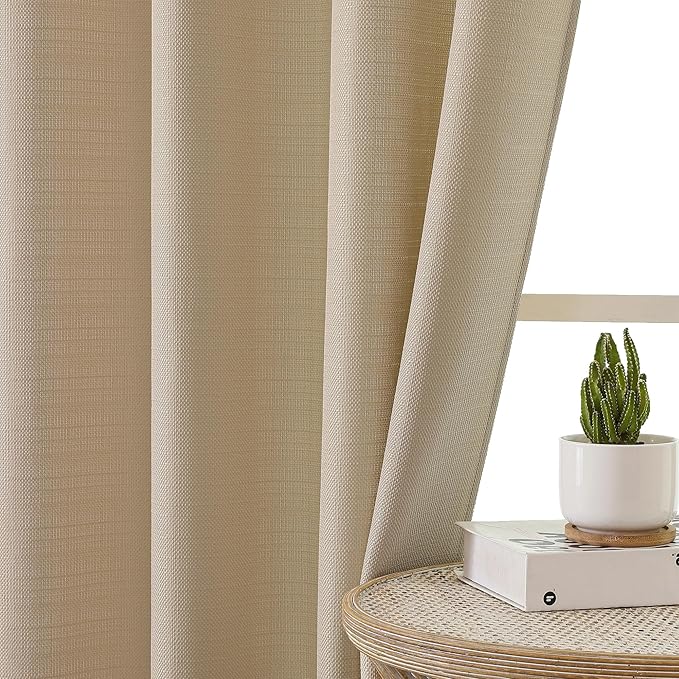 Chyhomenyc Camel Curtains 90 Inch Length 2 Panels Set, Faux Linen Textured Semi Sheer Light Filtering Soft Airy Privacy Farmhouse Curtain Drapes for Living Room Bedroom, 40 Wx90 L Inches