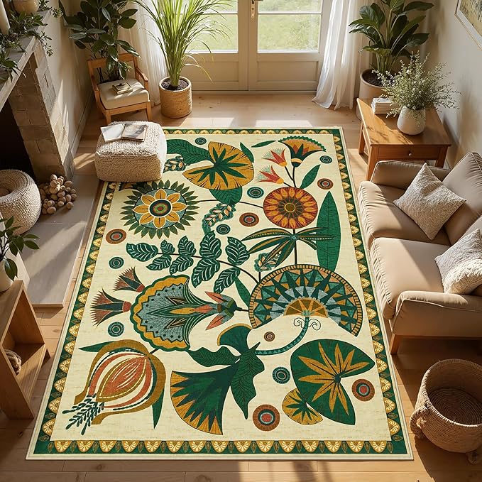 Joydeco Egypt Floral Boho 5x7 Area Rugs for Living Room, Washable Beige Area Rug for Bedroom Playroom Non Slip, Vintage Soft Indoor Carpet for Nursery Dining Room Entryway Bathroom
