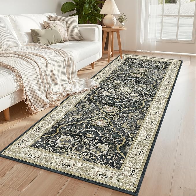 Washable Hallway Runner Rug - 3x8 Kitchen Rug Distressed Low Pile Mats Non Slip Soft Rugs for Dining Room with Rubber Backing Bedroom Runner with Vintage Design (Black 3x8)