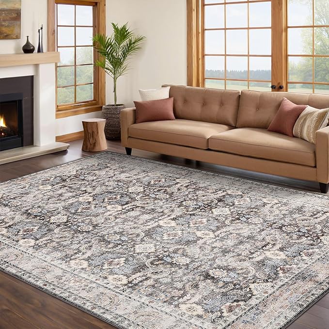 GarveeHome Washable Rugs for Living Room 10x13 Vintage Neutral Area Rug, Ultra Soft Low Pile Oriental Floral Carpet, Non Slip & Stain Resistant Retro Floor Mats for Home Decor, Beige Brown