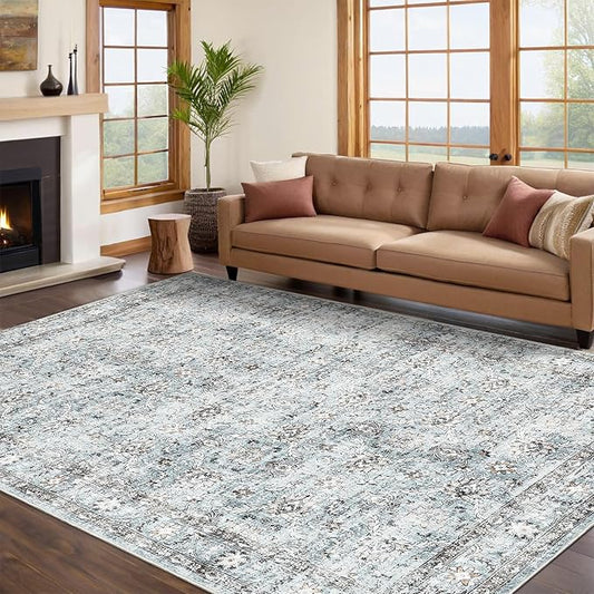 GarveeHome Washable Rugs 10x13 Area Rugs for Living Room, Non Slip & Non Shedding Vintage Floral Print Carpet, Low Pile Lightweight Oriental Floor Mats for Bedroom, Home Office, Grey and Blue