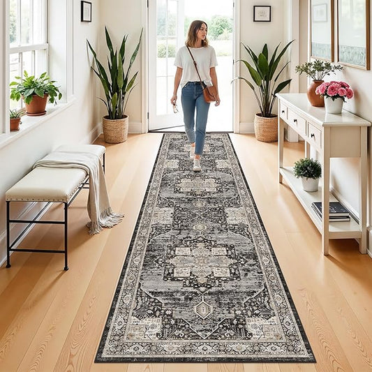 RUUGME Washable 2x8 Oriental Runner Rug - Soft Stain Resistant Rugs for Living Room Bedroom Non Slip Low Pile Carpets for Dining Room Home Decor Mat 2x8 Black