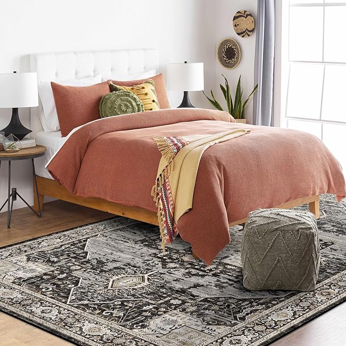 Washable 3x5 Area Rug - Soft Area Rugs for Living Room Stain Resistant Carpet Vintage Lightweight Rugs for Bedroom Kitchen entryway with Non Slip Backing Home Decor Small Mat 3X5 Black