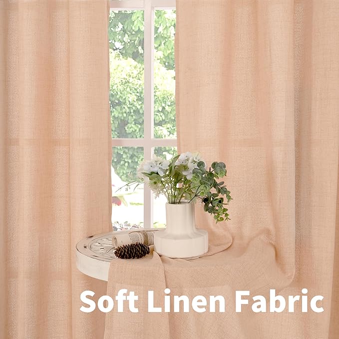 YoungsTex Peach Linen Curtains 45 Inch Length for Living Room Window, Short Light Filtering Drapes with Bronze Grommet Privacy for Kitchen Bedroom Decorative, 52 x 45 Inch, 2 Panels