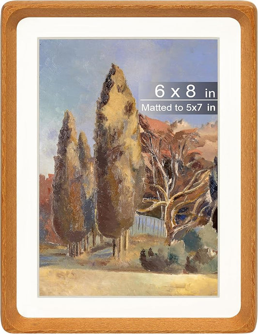 6x8 Picture Frame with Mat for 5x7, Natural Teak Wood Handcrafted Rounded Corner with Real Glass, Vertical or Horizontal Display Photo Gallery Wall & Tabletop Frame