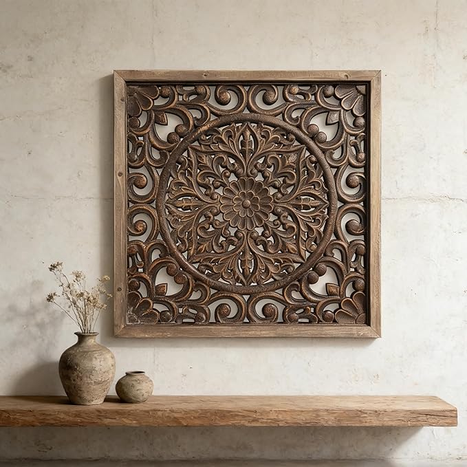 XIAOAIKA Boho Carved Wood Wall Sculpture, Intricate Floral Mandala Design with Distressed Brown Finish, Vintage Farmhouse Wall Art Panel with Solid Wood Frame for Bedroom Entryway (22.5" x 22.5")