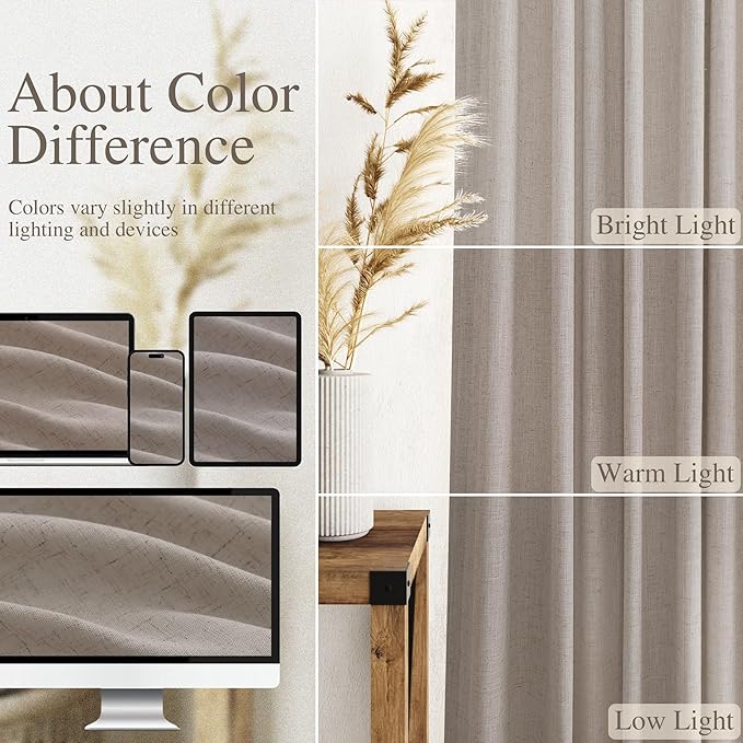 Nanspring Stone Beige Curtains 63 Inch Length for Living Room Linen Luxury Light Filtering Semi Sheer Curtain Back Tab Simple Modern Elegant Farmhouse Decor Drapes for Bedroom Office 52x63, 2 Panels