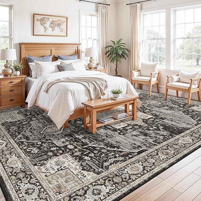 RUUGME Washable 11x15 Area Rug - Large Vintage Rugs with Non Slip Rubber Backing Stain Resistant Carpet for Bedroom Dining Room Indoor Soft Carpets Home Decor Decoration Mat 11X15 Black