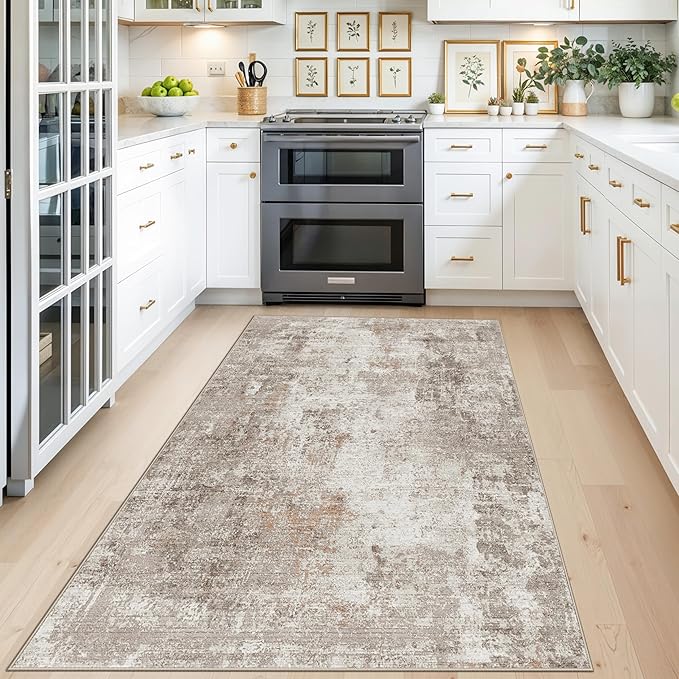 4x5 Washable Area Rugs for Entryway - Non-Slip Low-Pile Indoor Carpet with Rubber Backing for Kitchen, Bathroom,Bedroom, Living Room, Modern Abstract Neutral Soft Mat (Beige Grey)