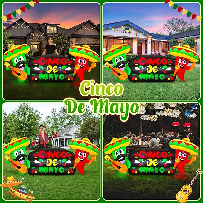 8FT Long Cinco de Mayo Inflatable Outdoor Decoration Blow Up Cactus Holding Guitar and Chili Holding Makara with Taco Sombrero, May 5 Mexican Fiesta Decor Built-in LEDs for Yard, Party, Holiday
