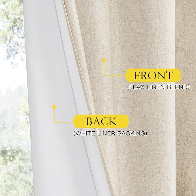 NICETOWN 100% Absolutely Blackout Linen Curtains with Thermal Insulated White Liner, 52" W, 2 PCs, Beige, 108" Long Drapes Sweep The Floor Decorative Keep Privacy Panels for Living Room/Villa/Bedroom