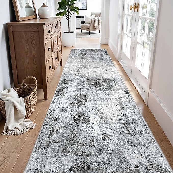 3x10 Ft Long Runner Rug for Hallway and Kitchen – Non-Slip Washable Floor Runner for Indoor Entryway, Bedroom, Living Room,Modern Abstract Low-Pile Thin Carpet (Grey)