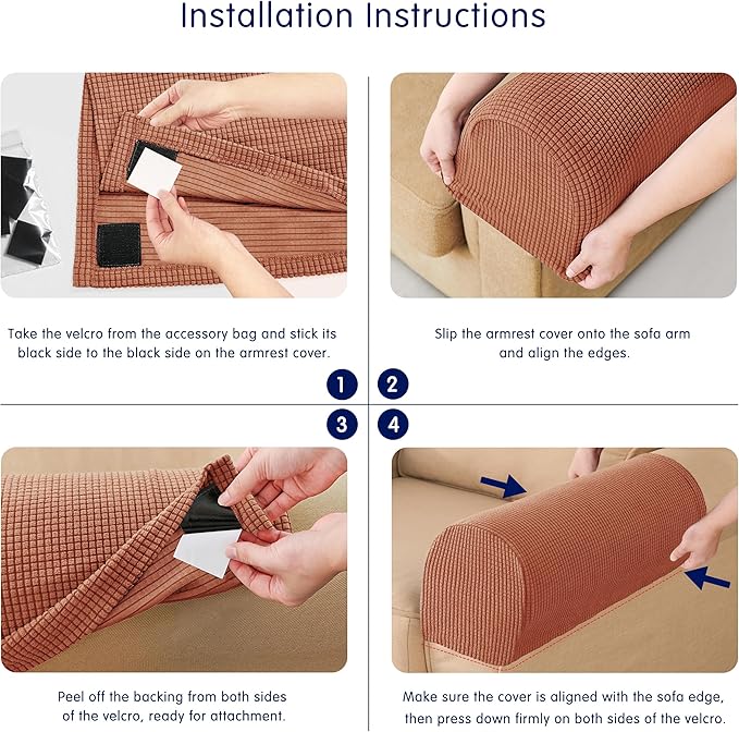 SUBRTEX Stretch Couch Arm Covers Set of 2, Checkered Sofa Arm Slipcovers, Anti-Slip Armrest Covers for Recliner and Armchairs, Pet Proof, High Stretchy, Hook & Loop Tape, Brick