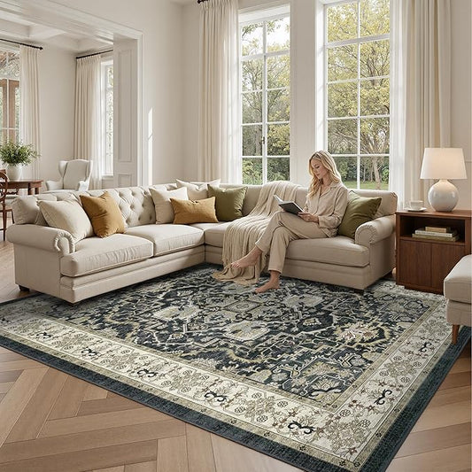 Black 8x10 Washable Large Area Rug, Non-Slip Soft Ultra-Thin Polyester Carpet with Vintage Vintage Stain Large Rug for Living Room, Bedroom, Dining Room & Open-Concept Spaces Oeko-TEX - Black