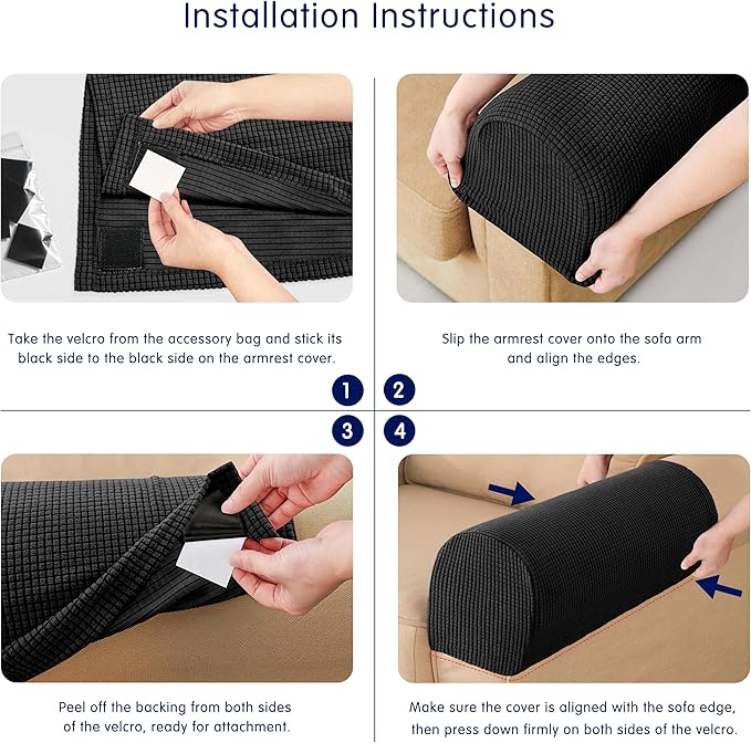 SUBRTEX Stretch Couch Arm Covers Set of 2, Checkered Sofa Arm Slipcovers, Anti-Slip Armrest Covers for Recliner and Armchairs, Pet Proof, High Stretchy, Hook & Loop Tape, Black