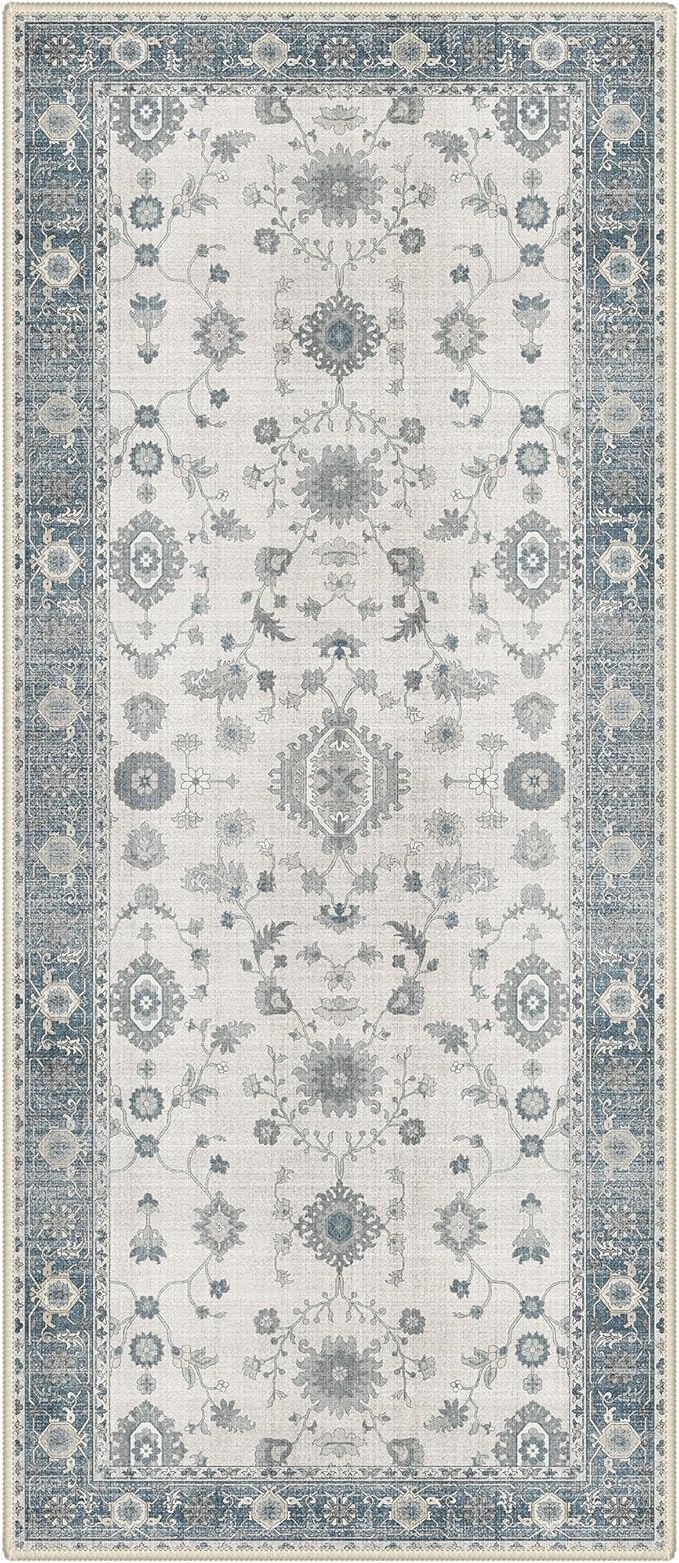 GENIMO Runner Rug for Hallways Machine Washable, 3x7 Non Slip Boho Vintage Lightweight Washable Runners, Thin Floor Rugs for Entryway Hallway Bathroom Laundry Room Corridor, Misty Blue