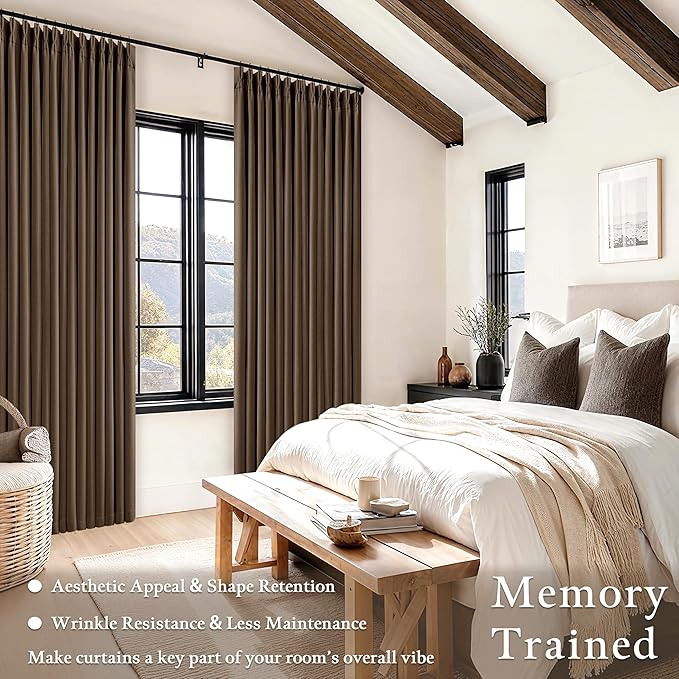 Latte Brown Pleated Linen Blackout Curtains 90 Inches Long for Bedroom Living Room Pinch Pleat Black Out Thermal Insulated Room Darkening Ring Hooks Room Darkening Drapes Curtains with Liner 40x90