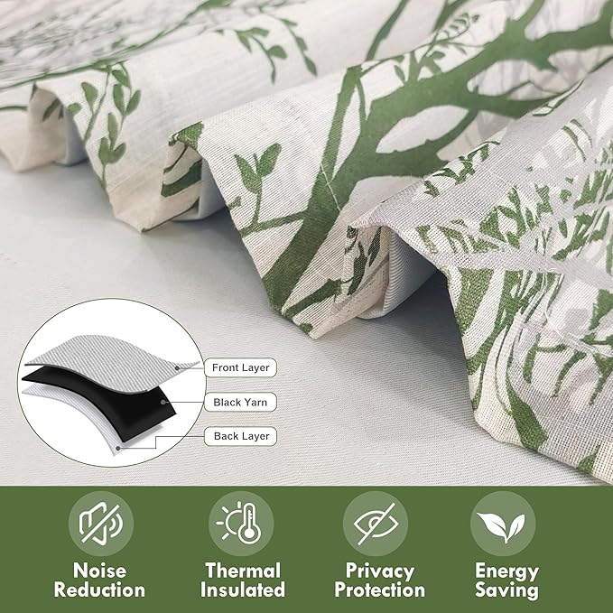 Driftaway Tree Branch Linen Lined Valance Double Layer Thermal Insulated Room Darkening Blackout Valances 3 Inch Rod Pocket Short Window Valance for Living Room Bathroom 52 Inch by 14 Inch Loden Green