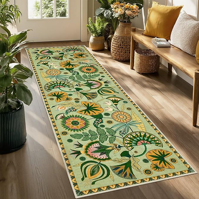 Joydeco Egypt Floral Boho 2x8 Hallway Bathroom Runner Rug, Washable Sage Green Soft Kitchen Rugs Runner Non Slip, Vintage Low Pile 8ft Long Carpet for Entrance Laundry Bath Room