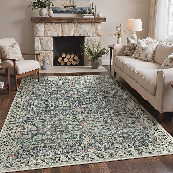 Bavni Area Rugs for Living Room, 5x7 Washable Rug Non-Slip Washable，Ultra-Thin Aesthetic Boho Rug for Bedroom Dinning Room Office,Green/Blue