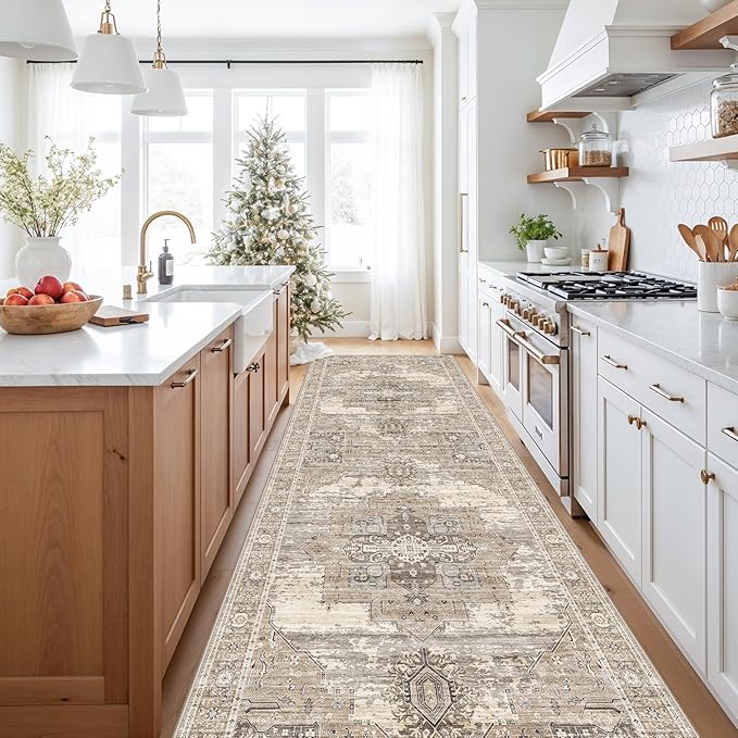 4x12 Runner Rug Wide Hallway - Washable Long Runners for Entryway Bedroom Kitchen Soft Stain Resistant Carpet Vintage Ultra-Thin Rugs with Non Slip Backing Home Decor Desiged for RV Living 4x12 Beige
