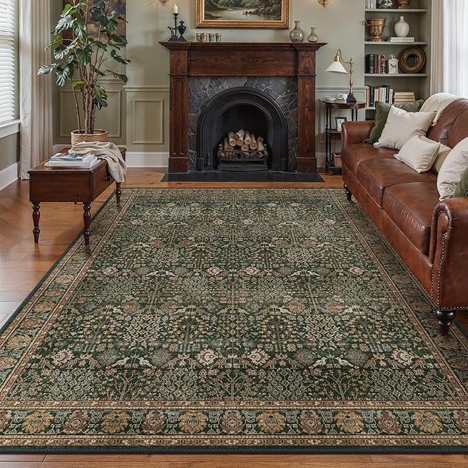 Bavni Washable Rugs 9x12-Machine Washable Rug Lightweight Low Pile, Vintage Floral Rug Non-Shedding Distressed Throw Carpet for Living Room Bedroom Office, Dark Green/Multi