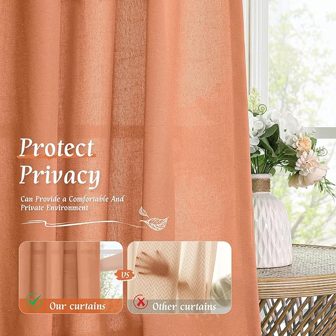 LAMIT Terracotta 48 Inch Linen Curtains for Cafe 2 Panels, Linen Textured Light Filtering Panels Rod Pocket Neutral Privacy Drapes for Small Window/Loft Room, 42 x 48 Inch