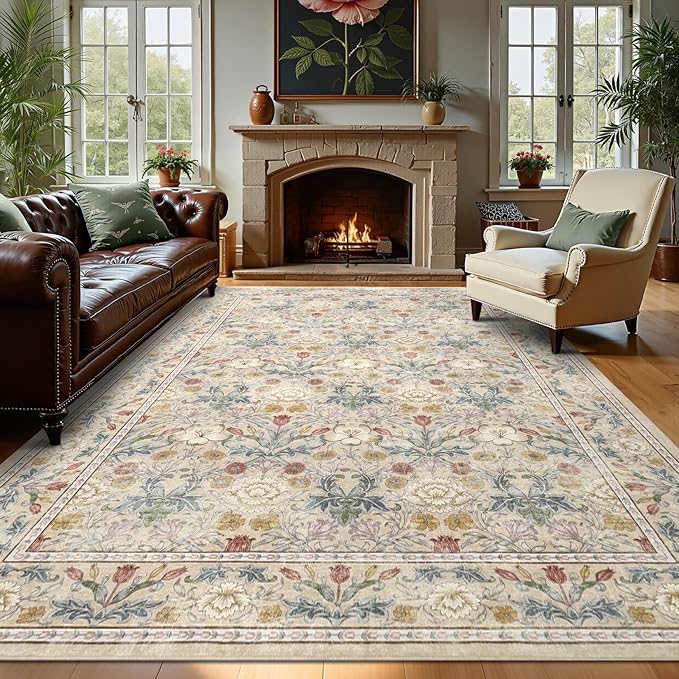 GarveeHome Large Area Rugs 9x12 for Living Room, Beige Floral Washable Rug Soft Non Slip Floor Mat Carpet Indoor Thin Accent Rug for Bedroom Dining Room Playroom Nursery Home Decor