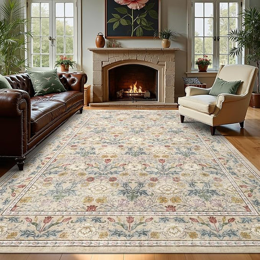 GarveeHome Area Rugs 8x10 for Living Room, Beige Floral Large Washable Rug Soft Non Slip Carpet Indoor Thin Accent Rug for Bedroom Dining Room Playroom Nursery Home Decor