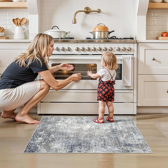 2x3 Washable Non-Slip Rug – Modern Abstract Neutral Small Throw Area Rug for Kitchen, Entryway, Bedroom – Soft Low Pile Thin Indoor Door Mat（Blue Grey,2x3）