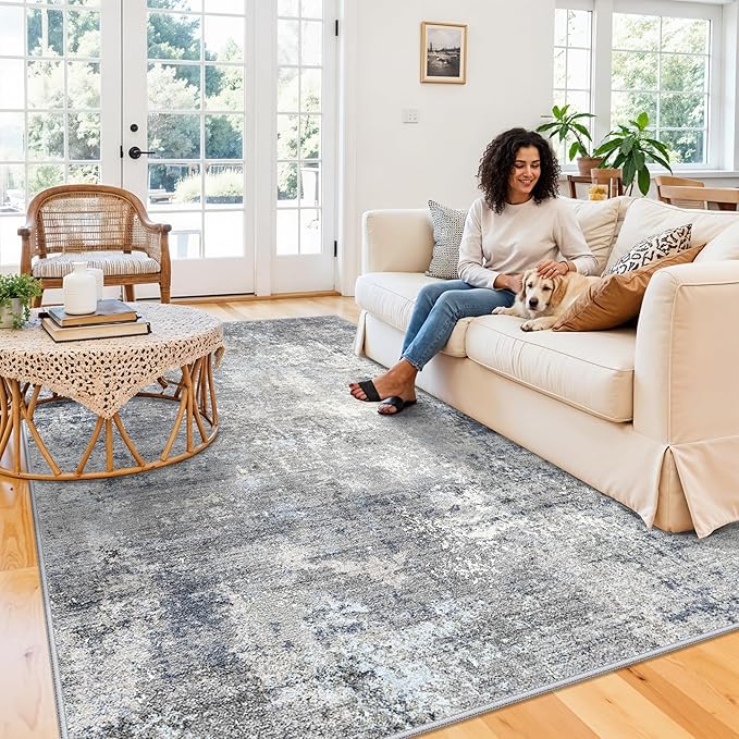 6x9 Washable Living Room Rug – Modern Neutral Abstract Large Indoor Area Rug for Bedroom Dining Room – Non-Slip, Soft, Low-Pile, Thin, Stain-Resistant Indoor Carpet（Blue Grey,6x9）