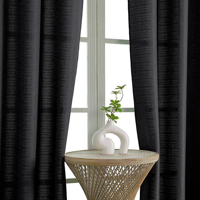 Chyhomenyc Black Curtains 96 Inch Length 2 Panels, Faux Linen Textured Semi Sheer Light Filtering Airy Soft Privacy Farmhouse Curtain Drapes for Living Room Bedroom, Each 40" Wx96 L