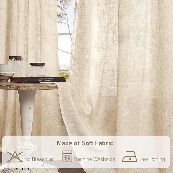 LAMIT 60 Inch Length Window Linen Curtains, Semi Sheer Light Filtering Panels Back Tab and Rod Pocket Drapes for Bedroom/Living Room, Linen, 2 Panels, 34 x 60 Inch