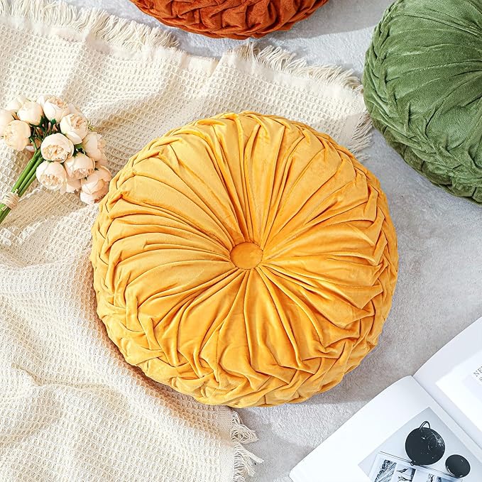 Drydiet 1 Pcs Round Throw Velvet Pillows Decorative Pleated Throw Pillows 15'' Diameter Accent Pumpkin Boho Chair Cushion for Couch Sofa Home Decoration (Yellow)
