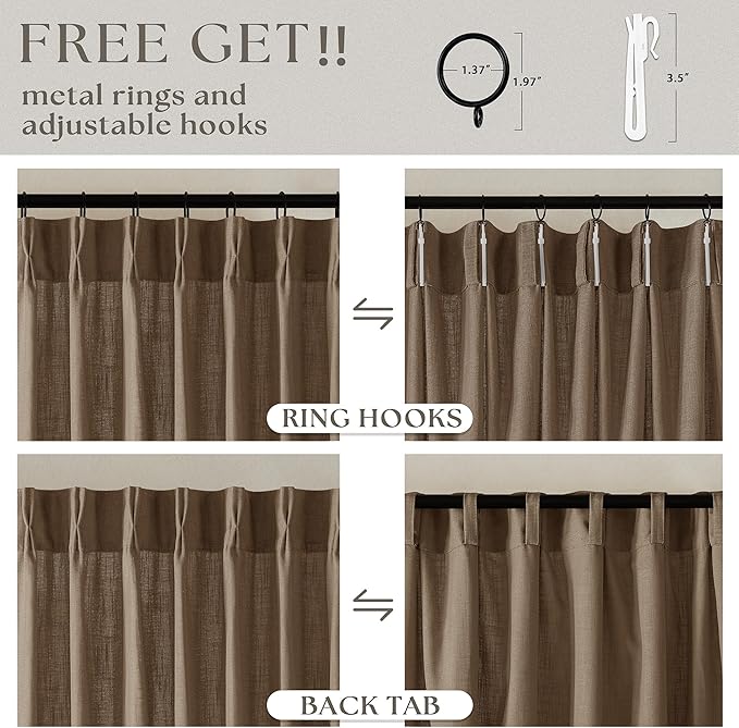 TWODRAPES Brown Pinch Pleated Linen Curtains 84 Inches Long 2 Panels Set Living Room Dining Pinch Pleat Back Tab Light Filtering Boho Farmhouse Bedroom Window Curtain Drapes 84 Inch Length Dutch Cocoa
