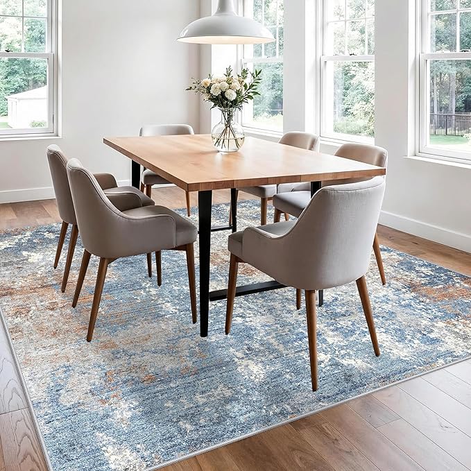 8x8 Square Living Room Area Rug – Washable Modern Neutral Abstract Indoor Rug for Bedroom, Dining Room, Kitchen – Non-Slip Soft Low-Pile Floor Carpet (Blue Rust,8x8)