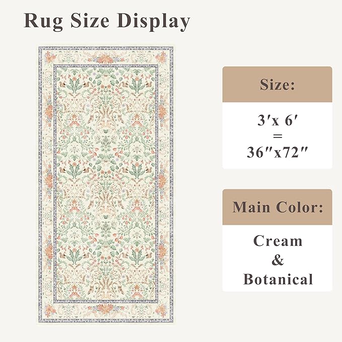 3x6 Botanical Rug Washable Non-Slip – Soft Wide Floor Carpet Runner for Kitchen Entryway Hallway Bathroom, Vintage Florals Animals Low Pile Area Rug (Cream)
