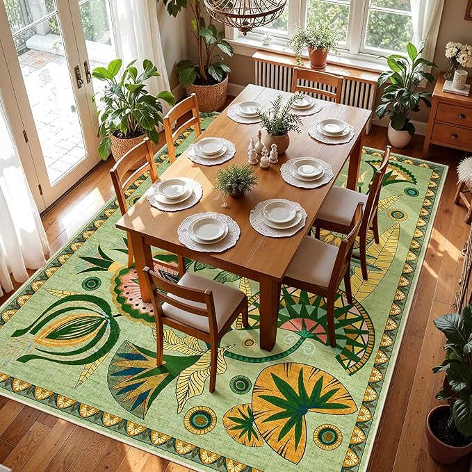 Joydeco Egypt Floral Area Rugs 9x12 Living Room, Large Sage Green Washable Carpet for Bedroom Playroom, Boho Vintage Non Slip Indoor Throw Rug for Dining Room Nursery Dorm Classroom, Green