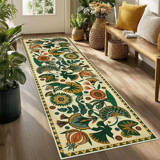 Joydeco Egypt Floral Washable Runner Rug for Hallway Entryway, Boho 2x8 Beige Bathroom Kitchen Runner Rugs Non Skid Washable, Vintage Non Slip Throw Carpet for Laundry Room Entrance