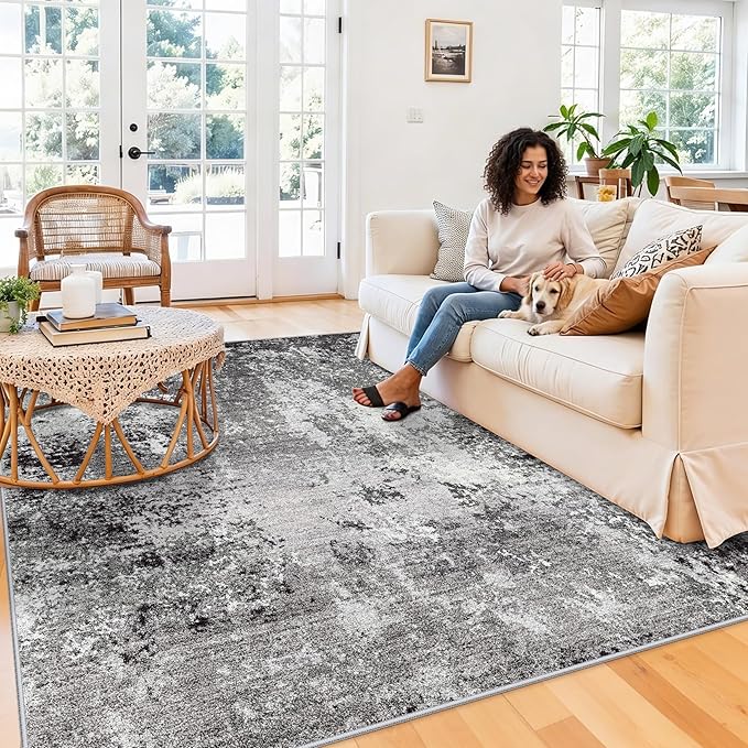 8x8 Square Living Room Area Rug – Washable Modern Neutral Abstract Indoor Rug for Bedroom, Dining Room, Kitchen – Non-Slip Soft Low-Pile Floor Carpet (Black Grey,8x8)