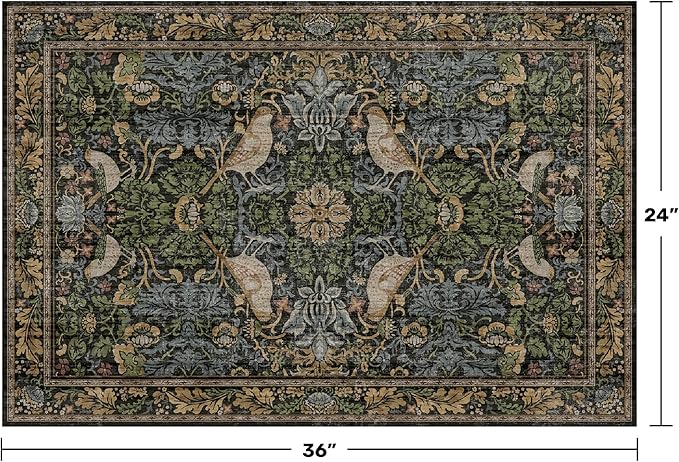 Hazo Haus Washable Dark Vintage Floral Rugs for Entryway - Small 2x3 Washable Rug for Kitchen Bathroom Door Mat Indoor Entrance with Bird & Botanical Pattern, Brown Earthy Tones, Non Slip Low Pile