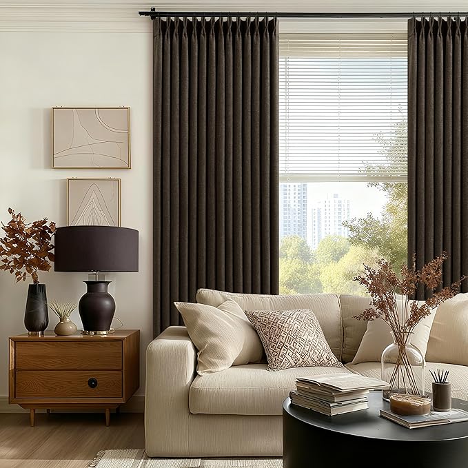 Dark Chocolate Pinch Pleated 100% Blackout Linen Bedroom Curtains 80 Inch Length Double Layer Pleat Curtains Ring Hooks Back Tab Black Out Room Darkening Brown Drapes 80 Inches Long Living Room