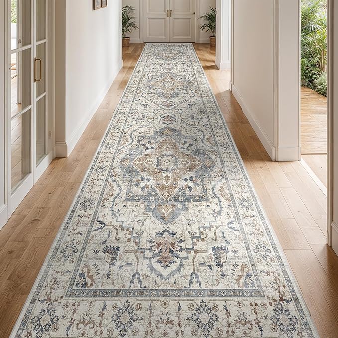 3x12 Runner Rug for Hallway, Non-Slip Long Washable Rug, Soft Thin Vintage Floor Mat for Kitchen, Bathroom, Bedroom, Entryway, Dining Room (Beige/Blue 3'x12')