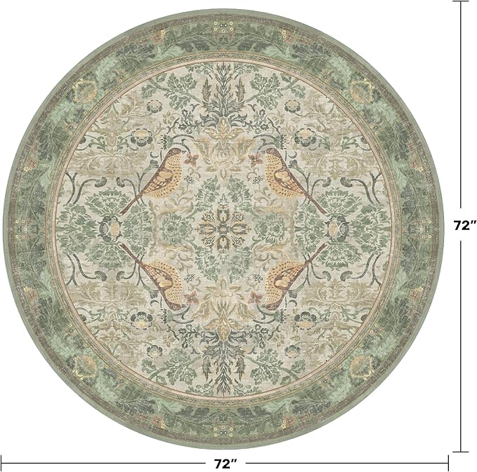 Hazo Haus Washable Sage Green 6ft Area Round Rug for Living Room - Vintage Circular Rug for Kids Bedroom, Dining Room, Office with Botanical Floral Bird Pattern, Low Pile Non Slip Stain Resistant