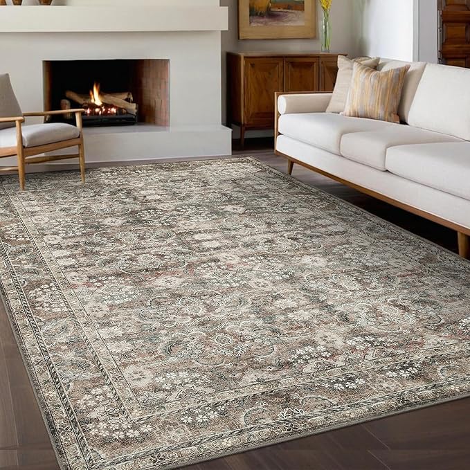 GarveeHome Washable Rugs for Living Room, Vintage Neutral Area Rug, Ultra Soft Low Pile Oriental Floral Carpet, Non Slip & Stain Resistant Retro Floor Mats for Home Decor