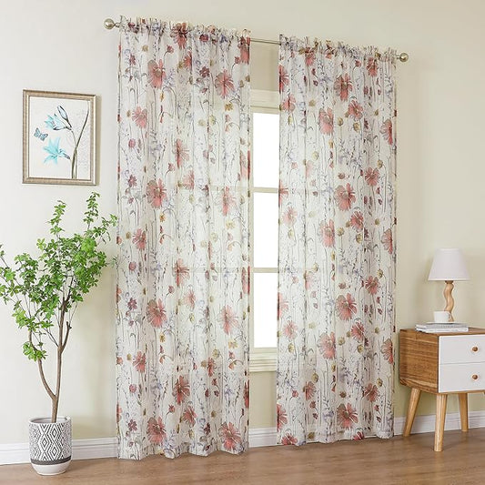 OWENIE Crushed Sheer Curtains 96 Inch Length 2 Panels Set, Sheer Floral Curtains Printed Drapes on Sheers for Living Room, Rod Pocket Light Filtering Window Sheers 42" W x 96" L