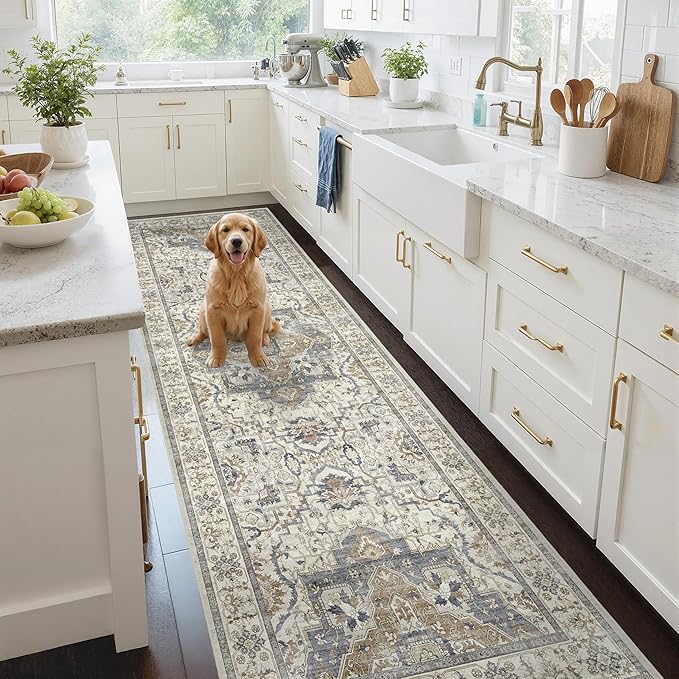 3x10 Non Slip Hallway Runner Rug - Washable Vintage Distressed Kitchen Carpet, Ultra-Thin Soft Low Pile Entryway Mat with Rubber Backing for Bedroom Living Room (Beige/Blue)