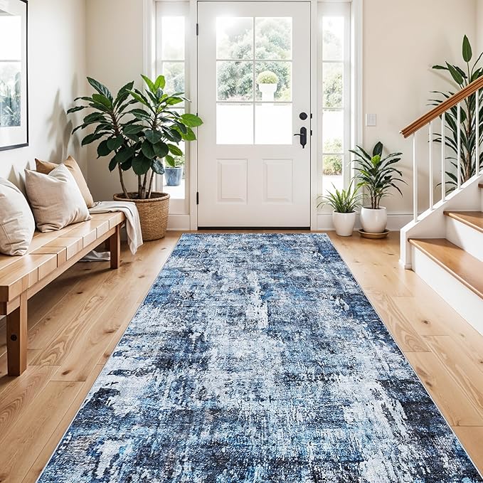 4x8 Washable Area Rug – Non-Slip Rubber Backed Indoor Rug for Entryway, Kitchen, Hallway | Modern Abstract Neutral Low Pile Thin Floor Mat for Bedroom, Living Room, Office（Blue）