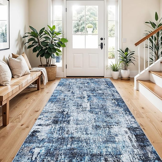 4x8 Washable Area Rug – Non-Slip Rubber Backed Indoor Rug for Entryway, Kitchen, Hallway | Modern Abstract Neutral Low Pile Thin Floor Mat for Bedroom, Living Room, Office（Blue）